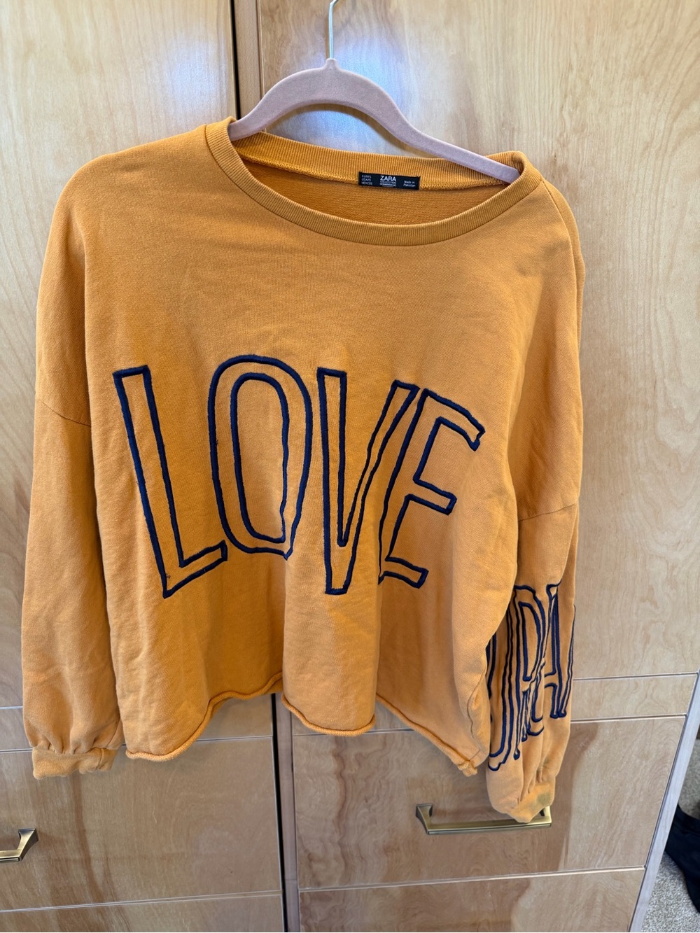 Zara Mustard Yellow Pullover Sweater with Navy 'LOVE' and “DREAMER” Embroidery